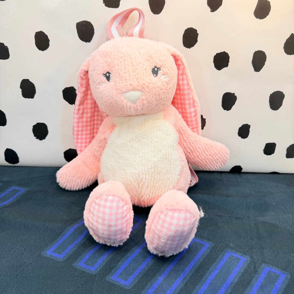 Carried Away Plush Bunny Backpack Girls Pink Gingham Plaid Accents